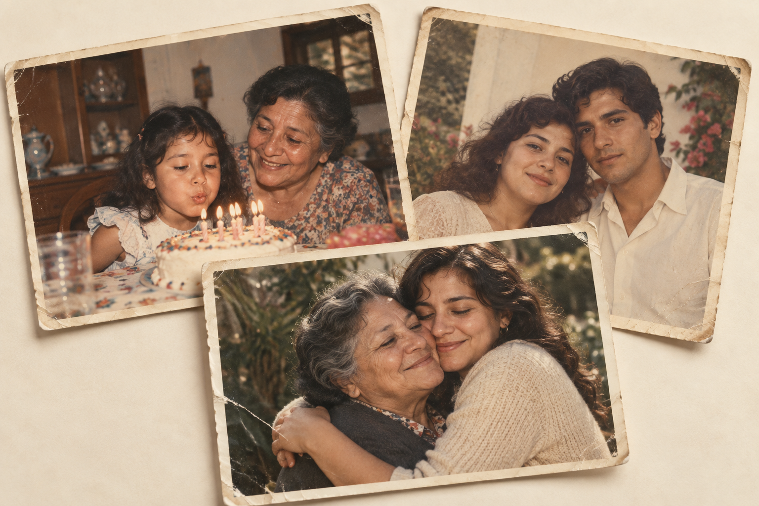 Collage de fotografías familiares: un cumpleaños con la abuela, un retrato de pareja y un abrazo entre abuela y nieta.